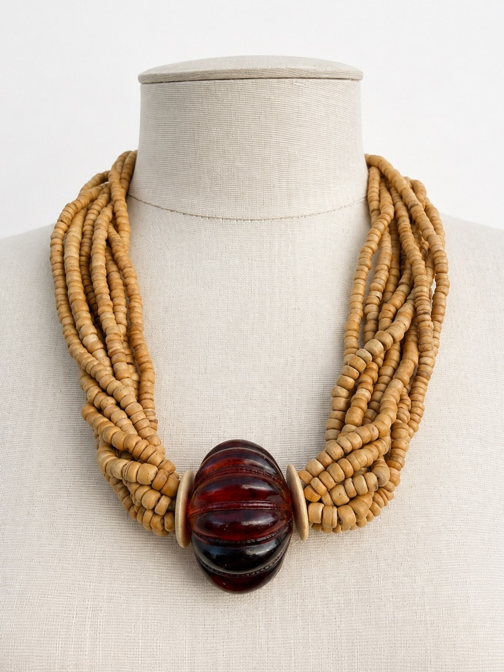 Vintage Kenneth Lane Multi Strand Wood Bead Torsade Necklace Amber Book Piece